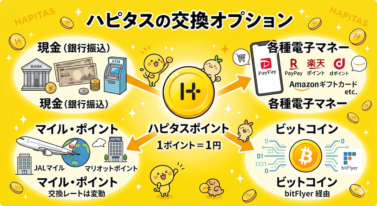 ハピタスの交換オプション。現金（銀行振込）・各種電子マネー・マイル/ホテルポイント・ビットコインへ交換可能
