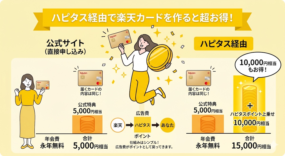 楽天カード入会特典比較。公式サイト直接は5,000円相当（新規入会＋3回利用条件）、ハピタス経由は10,000円相当（カード発行のみ）が上乗せで合計15,000円相当（時期により変動）